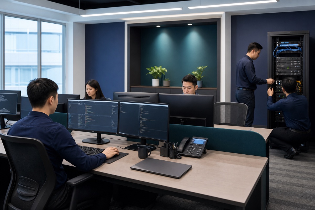 Hitech technician providing on-site IT support at a Singapore office