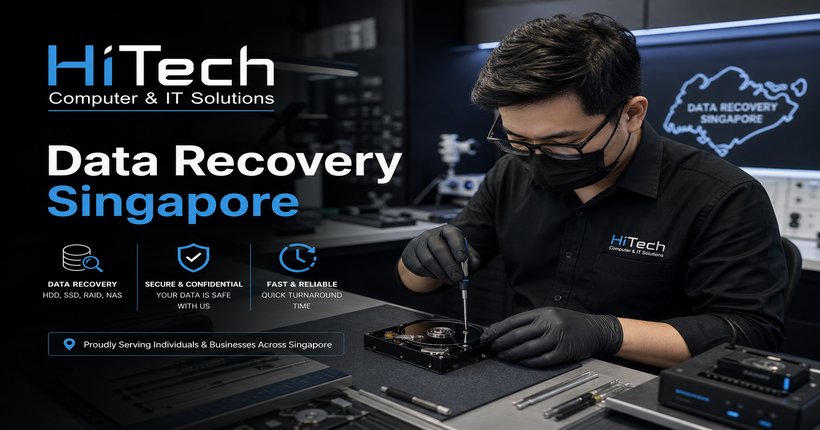 Data recovery in Singapore — HiTech Computer technician recovering data from hard drive