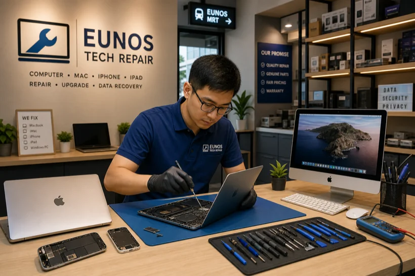Technician repairing devices at Hitech serving Eunos area
