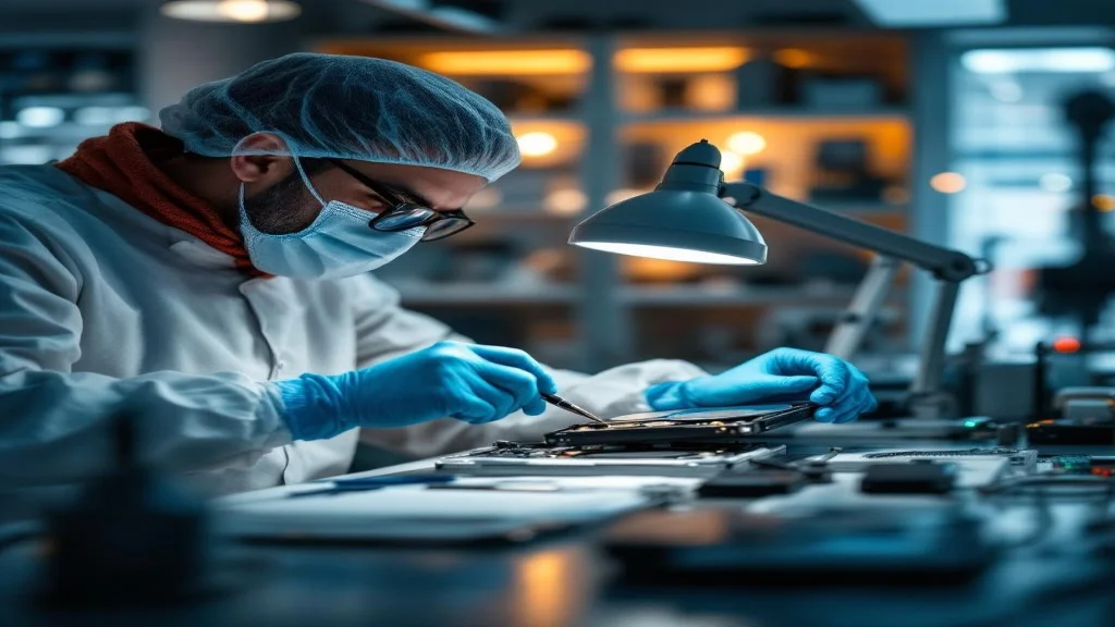 Hitech data recovery specialist working on hard drive in cleanroom laboratory