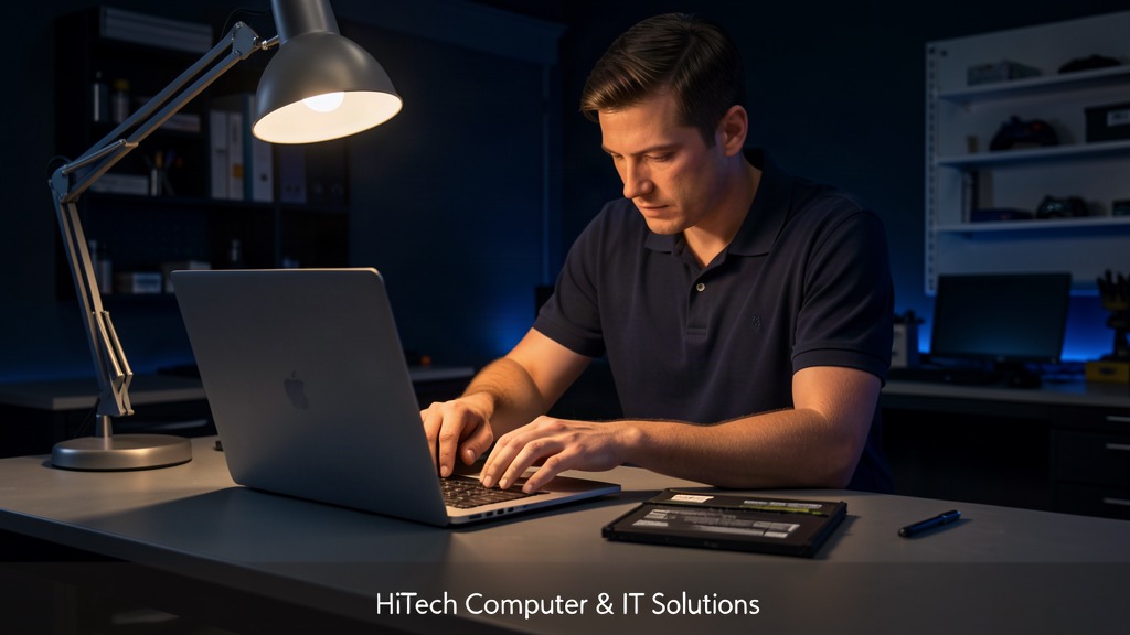 Laptop battery replacement in Singapore — HiTech Computer technician replacing laptop battery