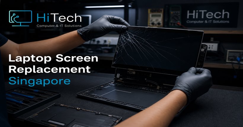 Laptop screen replacement in Singapore — HiTech Computer technician replacing a cracked laptop display panel