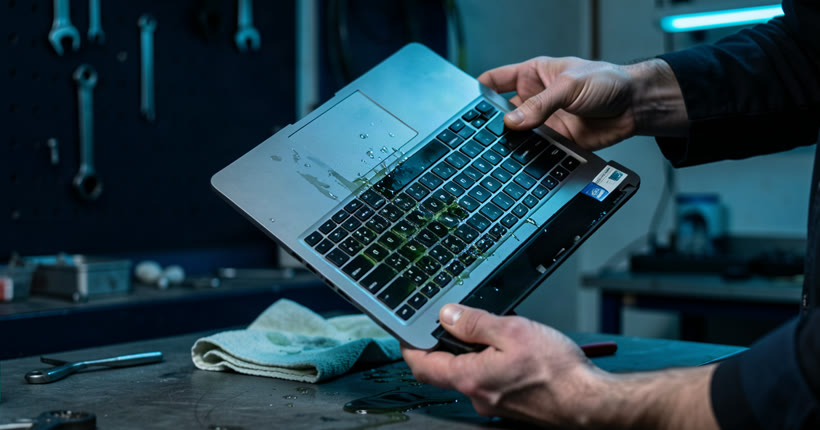 Liquid damage repair in Singapore — HiTech Computer technician cleaning a water-damaged laptop