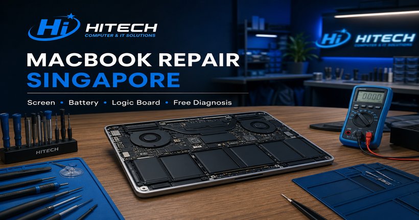 Technician repairing a MacBook logic board at our Singapore workshop