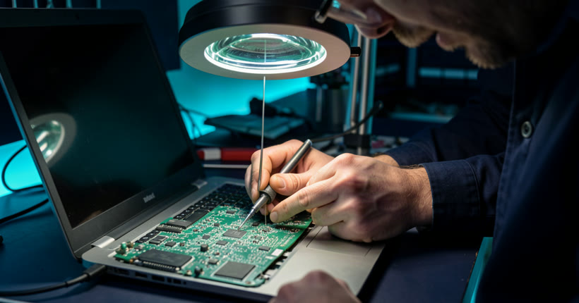 Laptop motherboard repair in Singapore — HiTech Computer technician performing board-level diagnostics