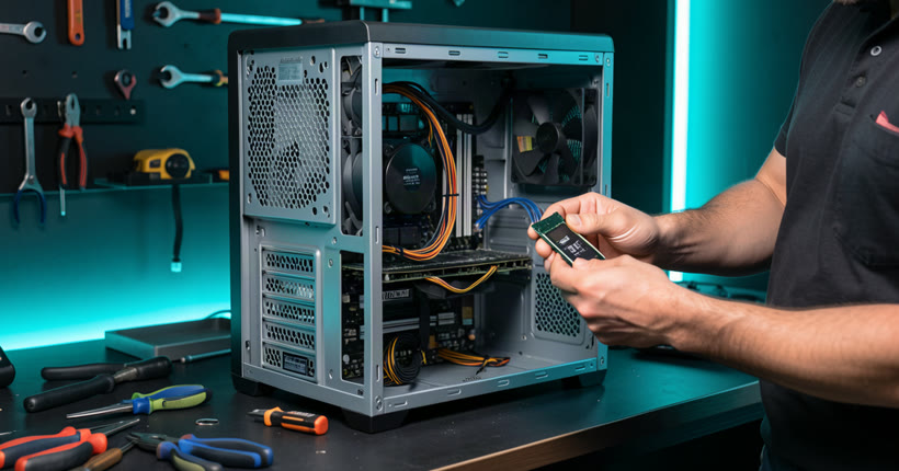 HiTech Computer technician performing component-level desktop PC repair in Singapore