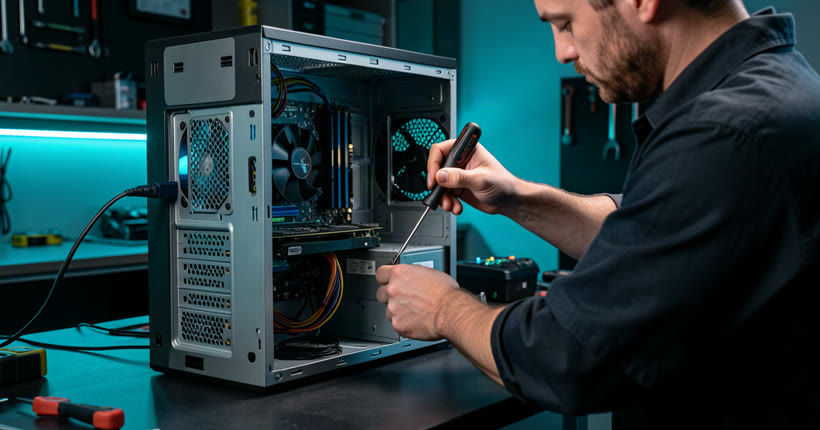 Desktop PC repair in Singapore — HiTech Computer technician diagnosing a desktop tower