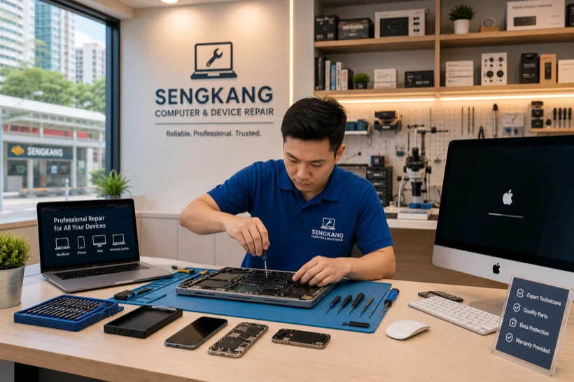 Technician repairing devices at Hitech serving Sengkang area