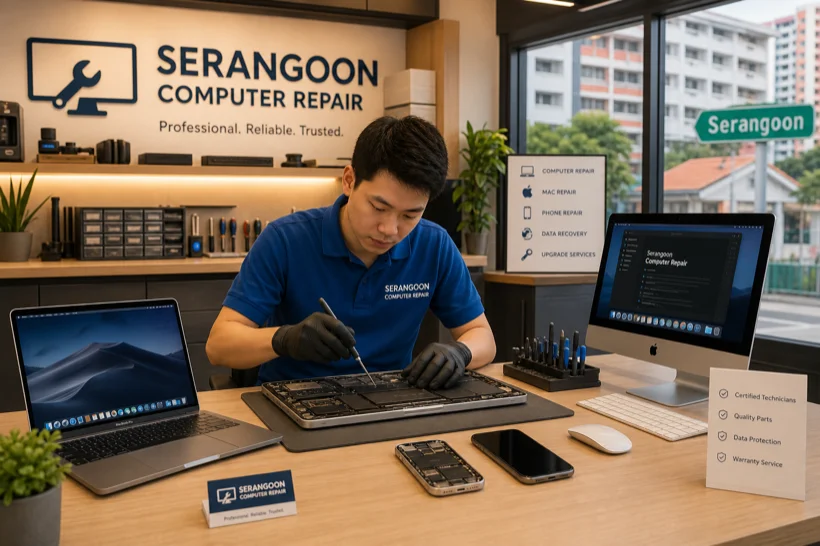 Technician repairing devices at Hitech serving Serangoon area