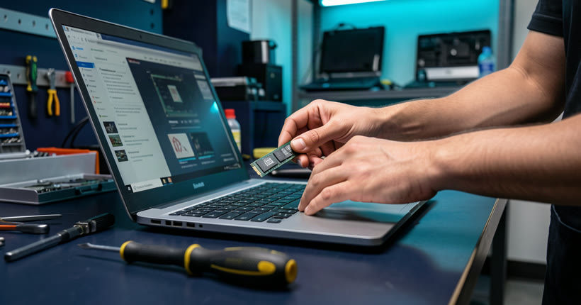 SSD upgrade for a slow laptop in Singapore — HiTech Computer technician installing a solid state drive